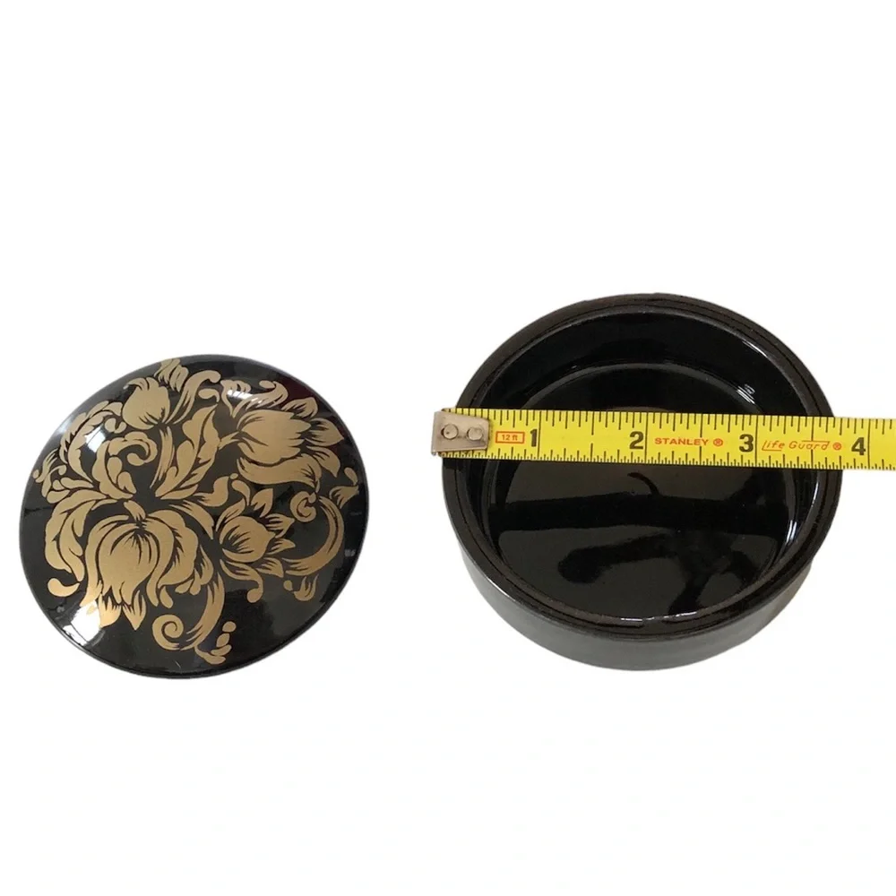 Vintage Ceramic Round Black Floral Jewelry Trinket Box & Lid
